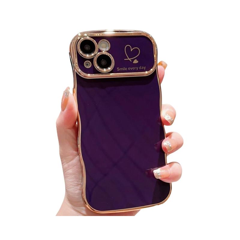 for iPhone Case for Women Girls, Compatible with iPhone 11 to 16 Pro Max Cute Wave Frame Curly Shape with Love Heart Raised Camera Protection Cover Luxury Plating Shockproof Case