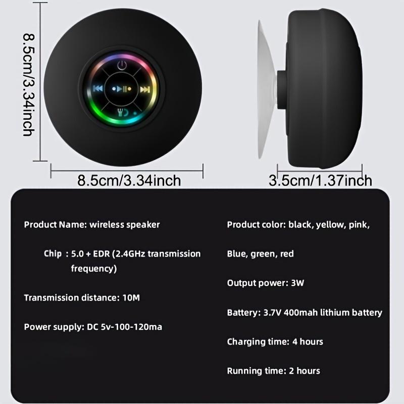 Waterproof Speaker, Portable Wireless Speaker With Suction Cup, USB Rechargeable Black Speaker With 2 Hours Play Time 3.7V 400mah Battery 5.0 Wireless Version Life For Parties, Bathroom, Travel, Home, And Outdoor (Suction Cups Must Be On A Smooth Surface