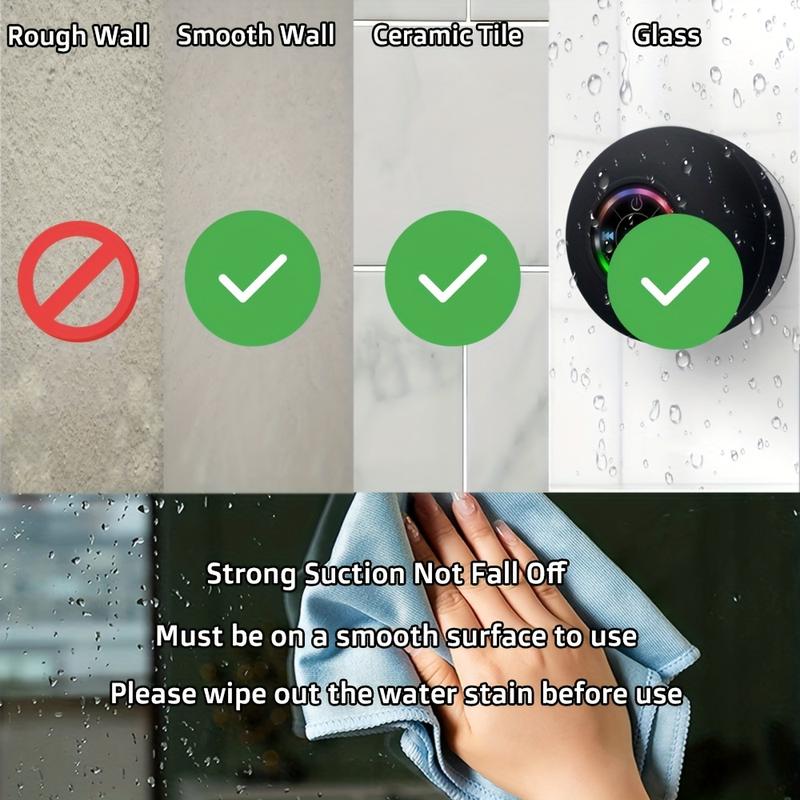 Waterproof Speaker, Portable Wireless Speaker With Suction Cup, USB Rechargeable Black Speaker With 2 Hours Play Time 3.7V 400mah Battery 5.0 Wireless Version Life For Parties, Bathroom, Travel, Home, And Outdoor (Suction Cups Must Be On A Smooth Surface