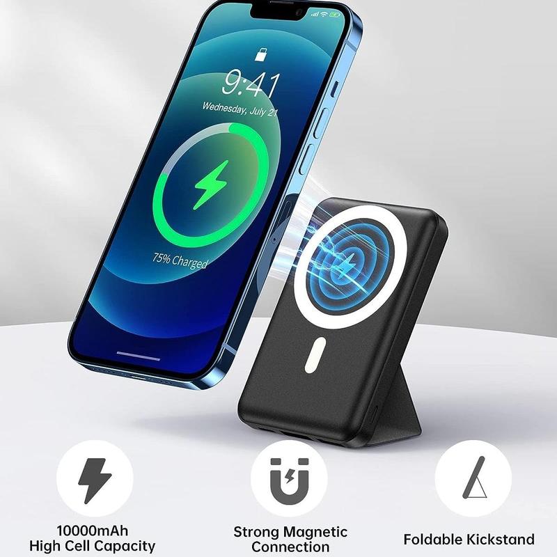 Yiisonger Magnetic Battery ，Magnetic Power Bank , 10000 mAh Power Bank With Folding Stand With USB-C Cable LED Display, Magnetic Power Bank 22.5W PD Fast Charging for iPhone D013