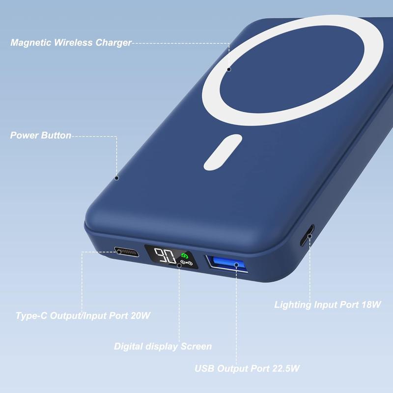 Gaweger 10000mAh Foldable Wireless Portable Charger with multi USB Charging Cable LED Display Magnetic Power Bank, Mag-Safe Battery Pack 22.5W PD Fast Charging for iPhone 15 14 13 12 Pro Pro Max Plus Mini digital display