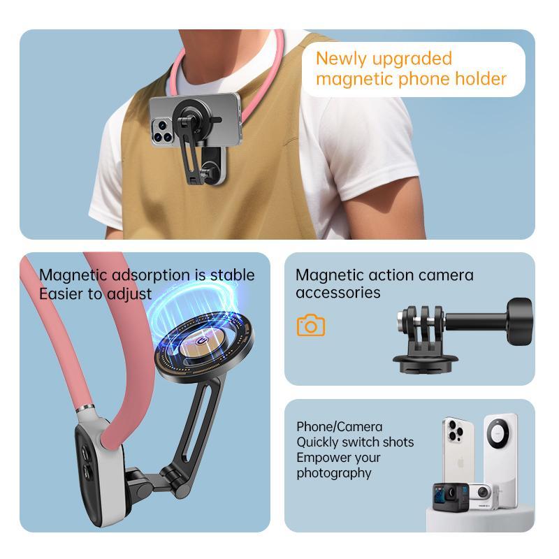 Magnetic Neck Phone Holder, POV Vlog Recording Necklace Lanyard Selfie Hand Free Neck Phone Stand Mount, Phone Neck Mount for Summer, Neck Hanging Phone Stand for iPhone GoPro and Smartphone, Phone Accessories for Men & Women