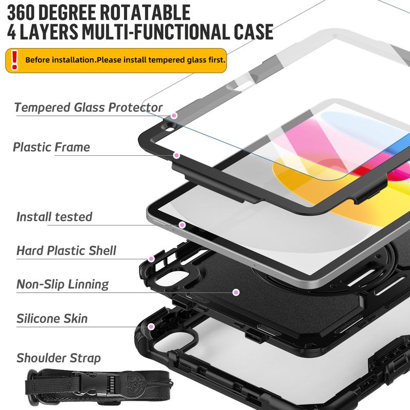 iPad 10th Generation Case 2022 10.9 Inch with Tempered Glass Screen Protector & Shoulder Strap Accessories Computer