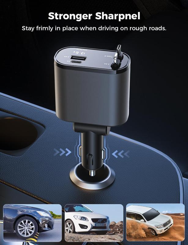 4 in 1 Retractable Car Charger, Car Accessories, 2 Fast Charging cables&Dual Charge Port Compatible with iPhone 16 15 14 13 12 11 Pro Max Plus iPad AirPods, Samsung Galaxy S series, Electronic