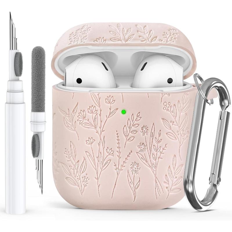 Flower Engraved Airpods Case Cover with Cleaner Kit, Soft Silicone Airpods 2nd Generation Case for Apple Airpod Case 2nd 1st Gen Charging Case,Front LED Visible, Pine Green Protection Protection