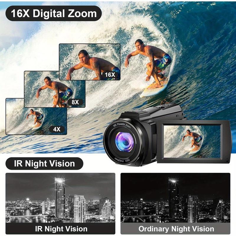 5K Video Camera, 48mp UHD WiFi Infrared Night Vision Vlogging Camera, 16x Digital Zoom Touch Screen Vlog Camera with External Microphone, Lens Cover, Stabilizer, Remote Control, 2 Batteries, Remote Control Batteries Not Included