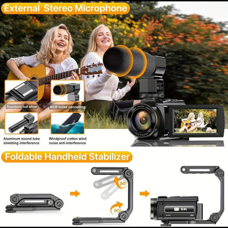 5K Video Camera, 48mp UHD WiFi Infrared Night Vision Vlogging Camera, 16x Digital Zoom Touch Screen Vlog Camera with External Microphone, Lens Cover, Stabilizer, Remote Control, 2 Batteries, Remote Control Batteries Not Included