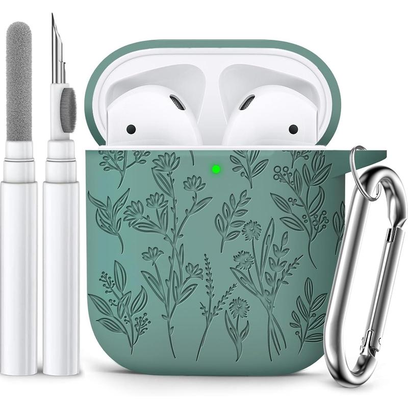 Flower Engraved Airpods Case Cover with Cleaner Kit, Soft Silicone Airpods 2nd Generation Case for Apple Airpod Case 2nd 1st Gen Charging Case,Front LED Visible, Pine Green Protection Protection