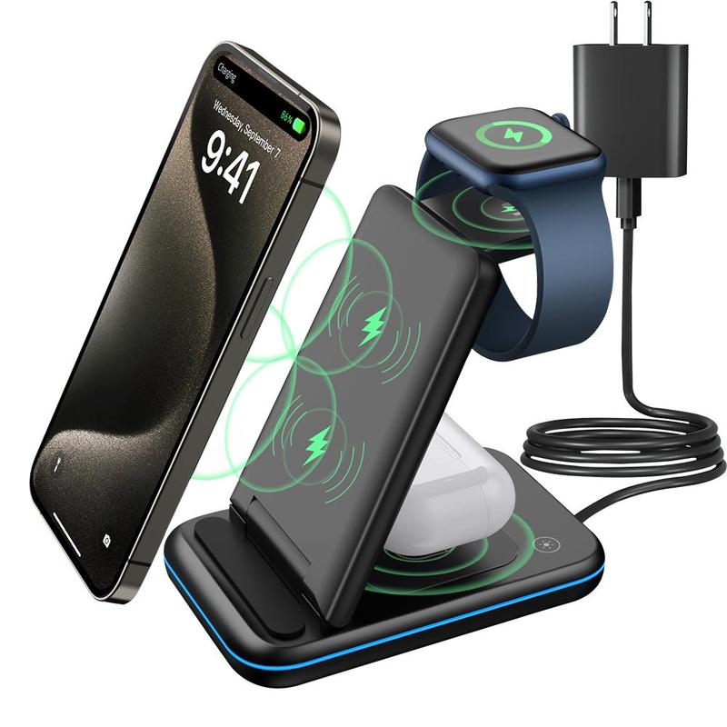 3-in-1 Wireless Charger Stand, 15W Fast Charging Charger with LED Lamp, Foldable Charger Stand for iPhone & Apple Watch & AirPods Pro