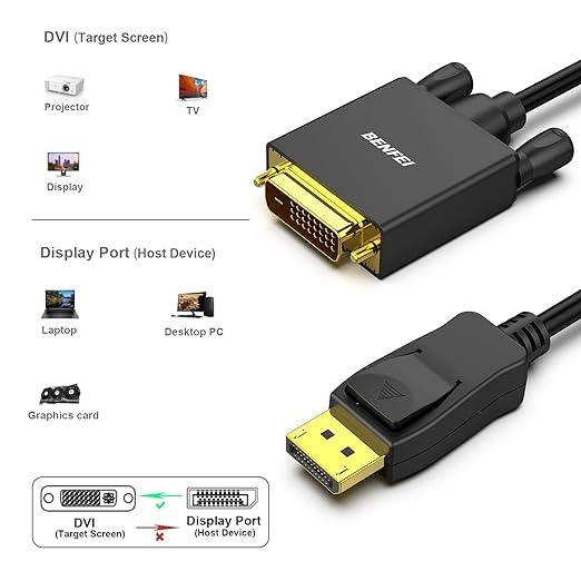 BENFEI DisplayPort to DVI 6 Feet Cable, DisplayPort to DVI Adapter Male to Male Gold-Plated Cord Accessories Connector Connection Plug