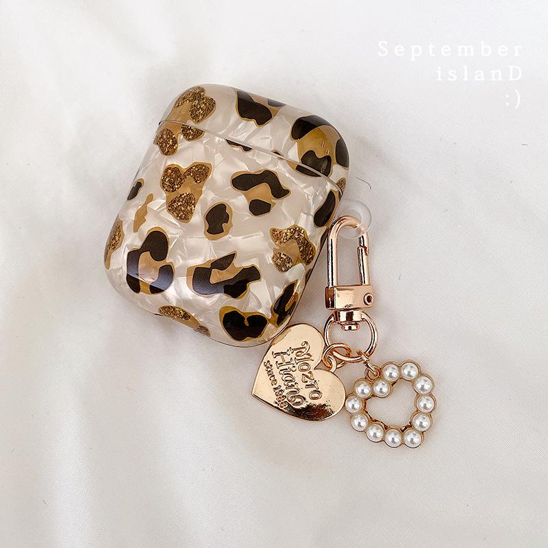 New Leopard Print Earphone For Airpods 1 2 3 Pro Protective Cover For Apple Airpods Pro2 Case with Pearl Heart Shell Keychain