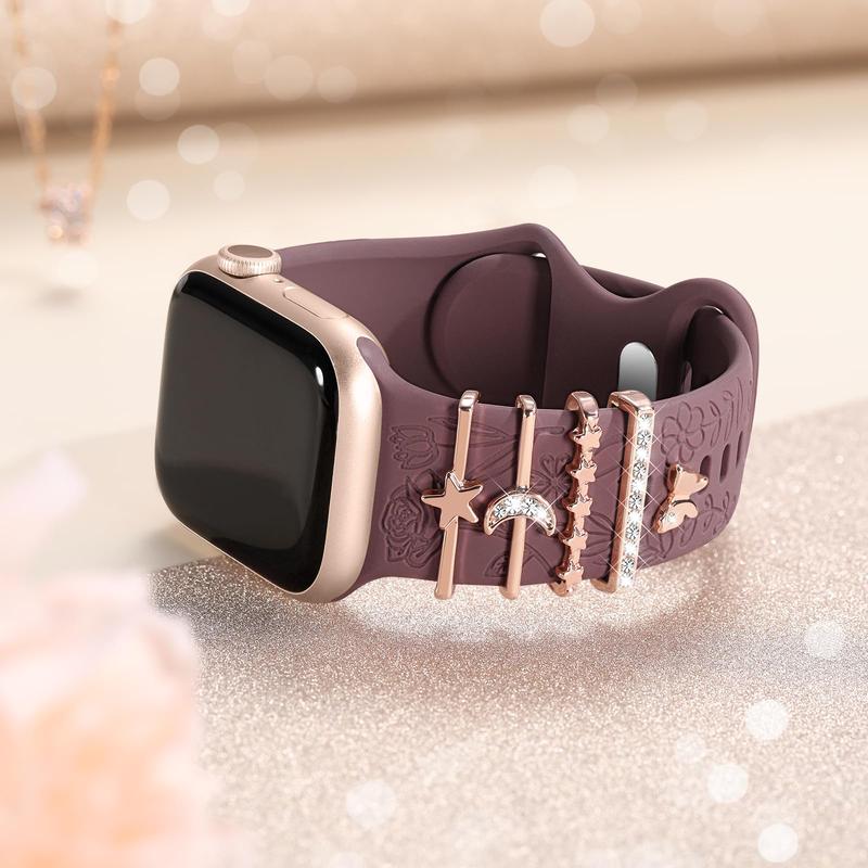 Flower Engraved Smart Watch Band Charms Decorative Rings for Apple Watch, Smartwatch Band Clips, Watch Band Charms for iWatch Series 9 8 7 6 5 4 3 2 1 SE, Smartwatches Accessories (Watch Band Not Included)