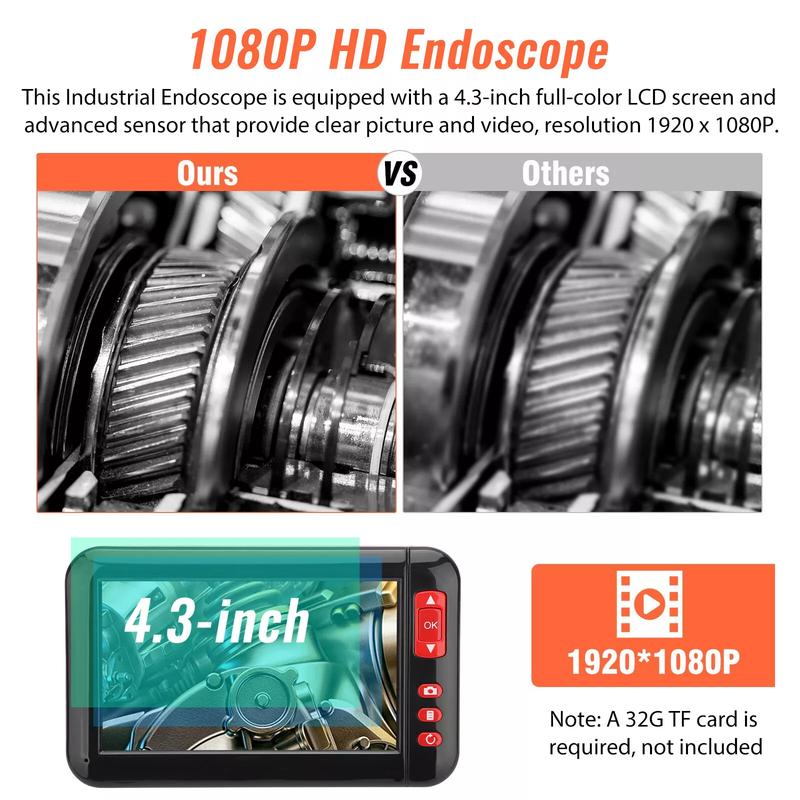 1080P HD Industrial Endoscope Borescope 4.3'' Screen 8mm Inspection Snake Camera