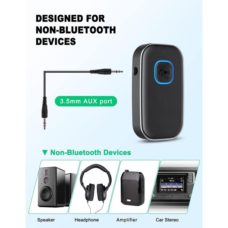 Bluetooth AUX Adapter for Car, Noise Reduction Bluetooth Receiver for Music Hands-Free Calls, Wireless Audio Receiver for Home Stereo Speaker, 16H Battery Life Dual Connect (All Black)