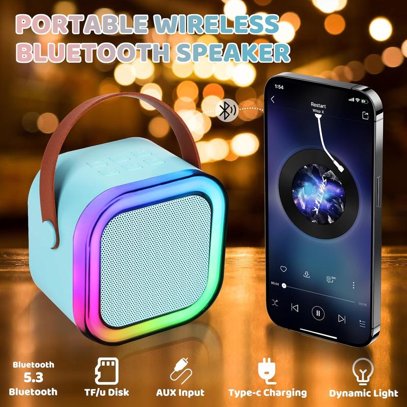 Portable Mini Wireless Speaker with 2 Wireless Microphones, Rechargeable RGB Light Speaker Set, HiFi Sound Home Karaoke Speaker Set for Home Party Birthday wireless mics Portable Mini