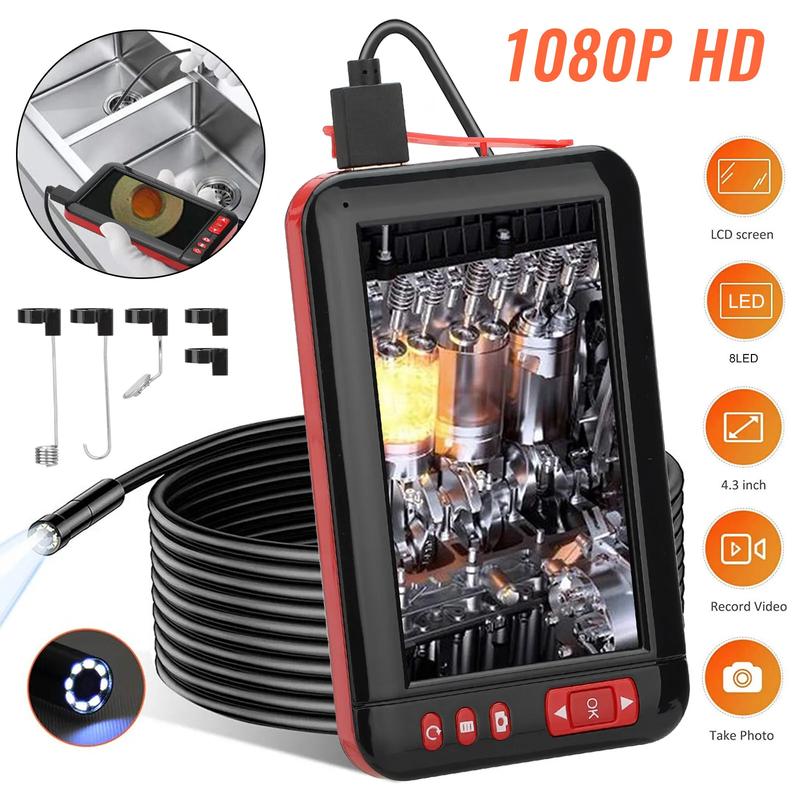 1080P HD Industrial Endoscope Borescope 4.3'' Screen 8mm Inspection Snake Camera