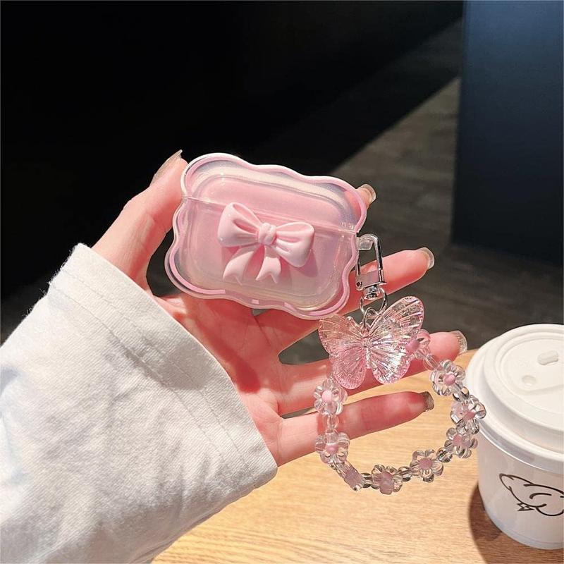 Compatible with AirPods Pro Clear Case,3D Bow Pattern Design with Cute Butterfly Flower Keychain, Soft TPU Protective Shockproof Case for Airpod Pro for Girls Women-Pink