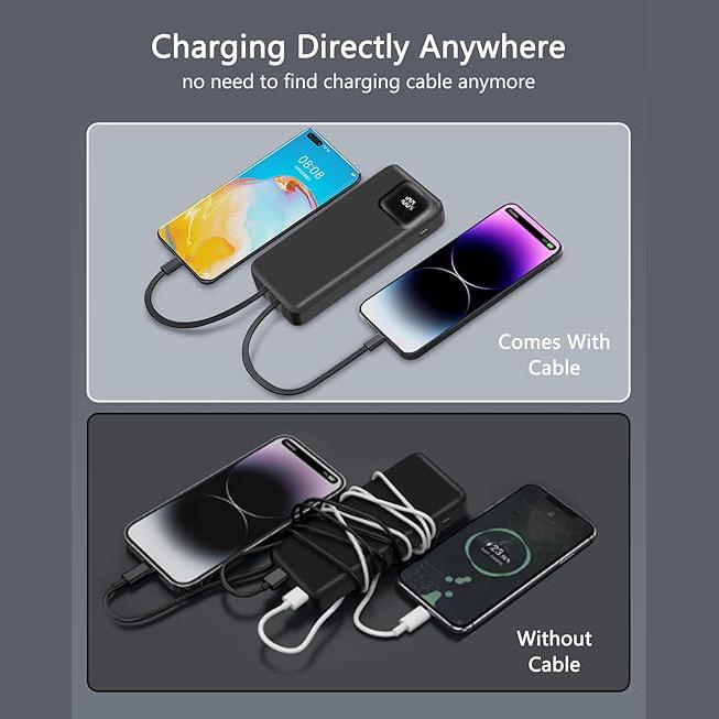 Portable Charger, 10000mAh 20000mAh Power Bank with 2 built-in cables, 22.5W fast charging, screen display. Compatible with iPhone, iPad, Samsung, Google Pixel, LG, and more