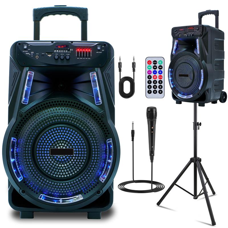 Wireless Party Speakers 15 inch Portable loud PA Speaker With Stands Rechargeable Karaoke DJ Subwoofer Microphone Remote Control Bluetooth FM Radio LED Lighting