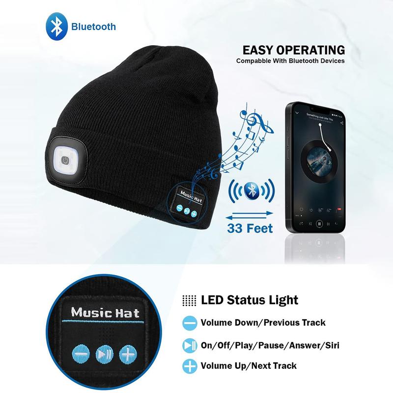 Bluetooth Music Sports Unisex Beanie with Light, USB Rechargeable LED Headlamp Cap, LED Hat with Flashlight, Gifts for Men Women Dad