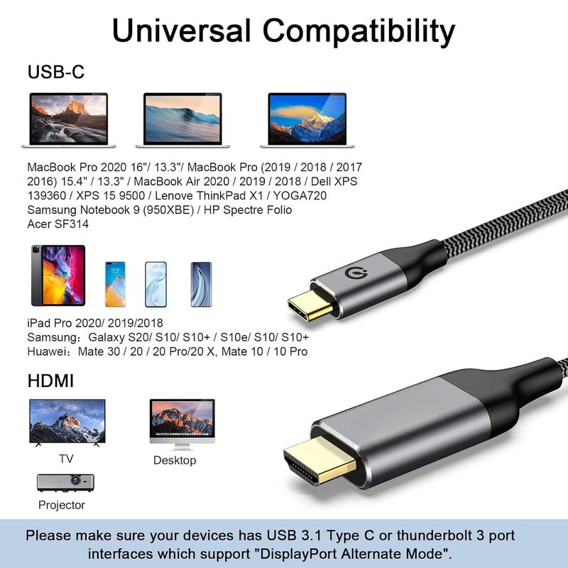 USB C to HDMI  Adapter, Braided USB Type-c 4K@60Hz(Thunderbolt 3 4) Compatible for  15 Pro Max, iPad Pro,MacBook Pro, iMac, Pixel,Galaxy, Surface,,,Thinkpad,HDMI USB-C.-6ft