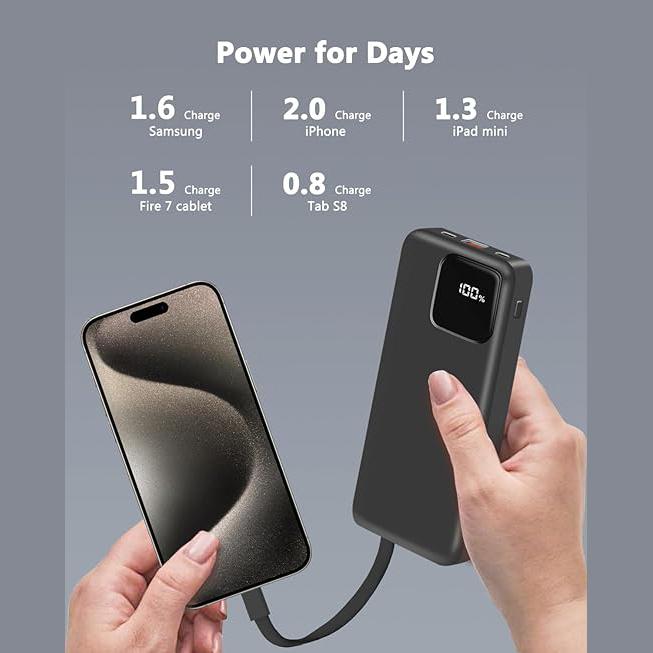 Portable Charger, 10000mAh 20000mAh Power Bank with 2 built-in cables, 22.5W fast charging, screen display. Compatible with iPhone, iPad, Samsung, Google Pixel, LG, and more