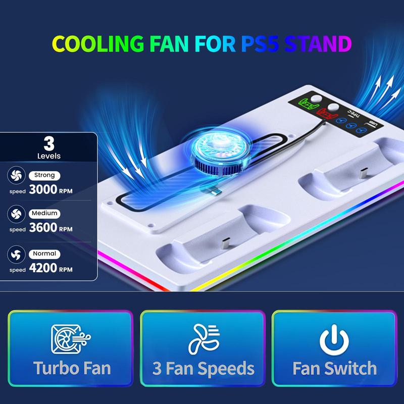 Multifunctional Cooling Station for PS5 PS5 Slim, Console Stand with Controller Charging Station, Console Accessories for PlayStation 5 Slim & Standard Disc Digital Console