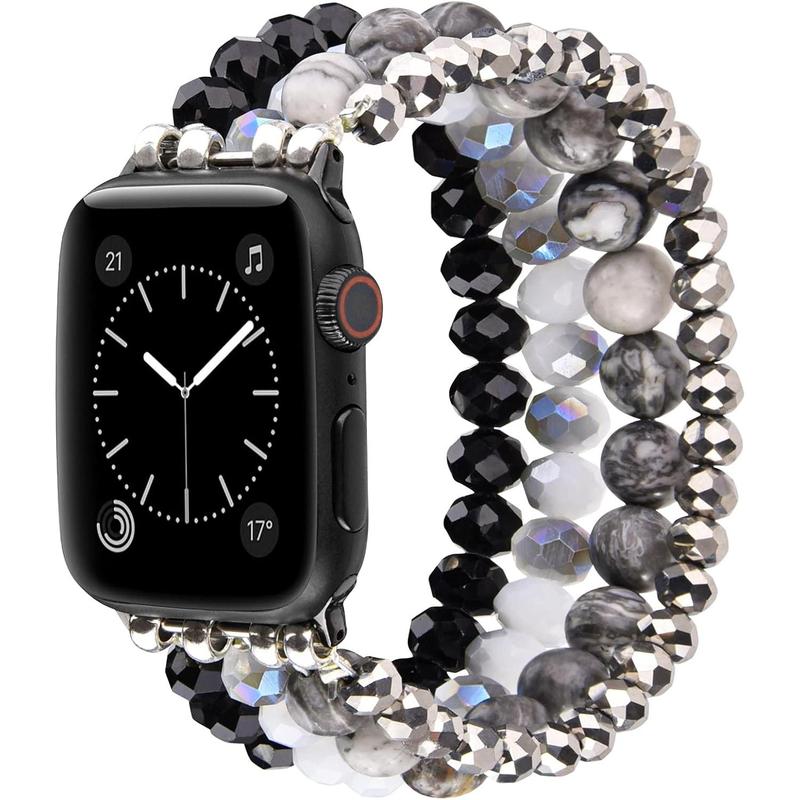 Bracelet Compatible with Apple Watch Band 42mm 44mm 45mm Women, Stretchy Beaded Dressy iPhone Watch Bands Cute Boho Straps Jewelry for iWatch Bands Series 10 9 8 7 6 5 4 3 2 1 SE, Grey Black