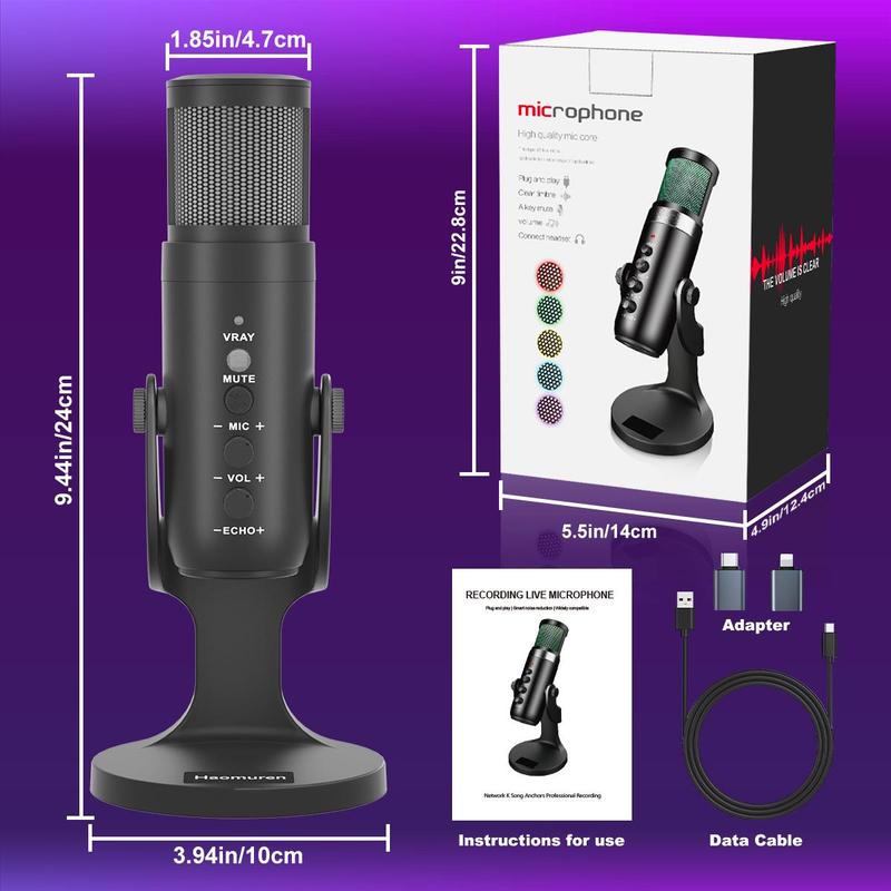 Haomuren USB Powered Microphone, Mini Microphones with Adjustable Brilliant RGB Light, Plug & Play Microphone with Adapter for Recording, Gaming, Meeting, Noise Reduction Microphone for iPhone (XBOX not Supported), Men Gifts