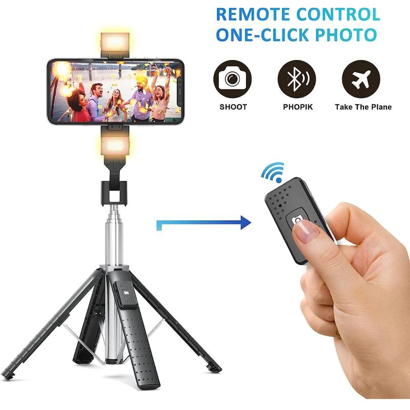 [Fast Delivery] 41” Selfie Stick Tripod Quadrapod with 2 Rechargeable Fill Light, Extendable Tripod with Bluetooth Remote, Stainless Steel, 3 Light Modes, 9 Brightness Levels, Compatible for All iPhone & Android