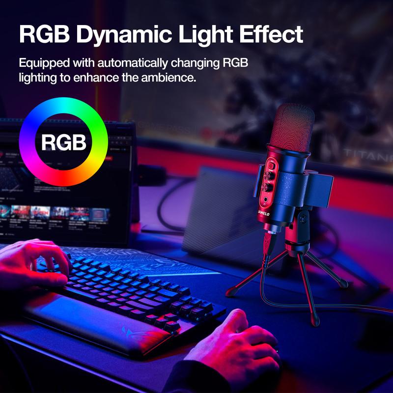 JAMELO RGB Gaming Microphone, Mute Button, Headphone Output, Volume Control, USB Computer Condenser Mic for PC Laptop Phone PS4 5, Plug and Play, for Streaming, Podcast, Studio Recording, for Music Lovers Boys Girls Friends Gift