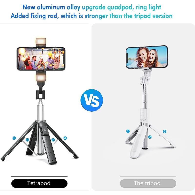 [Fast Delivery] 41” Selfie Stick Tripod Quadrapod with 2 Rechargeable Fill Light, Extendable Tripod with Bluetooth Remote, Stainless Steel, 3 Light Modes, 9 Brightness Levels, Compatible for All iPhone & Android