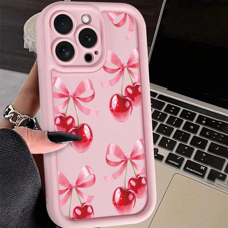 Cherry & Bowknot Pattern Phone Case, Cute Decorative Phone Protector Cover, Anti-drop Cellphone Protective Case, Total Protective Shockproof Mobile Phone Cover for iPhone