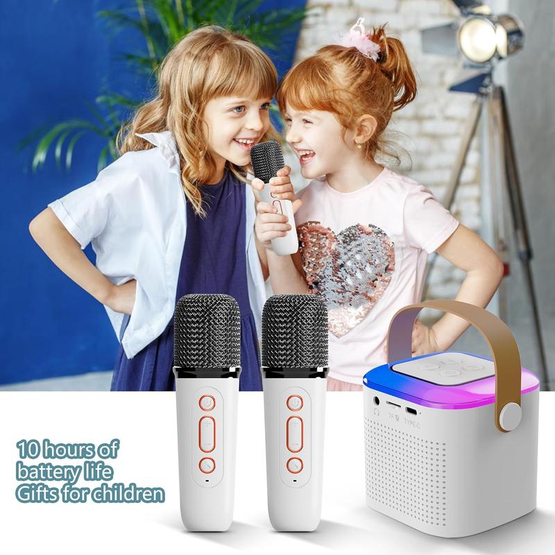 Portable Mini Karaoke Speaker with 2 Microphones, Rechargeable Wireless Outdoor Speaker with RGB Light, 3D Surround Sound Home Singing Karaoke Wireless Outdoor Audio Speaker for Smartphone, PC & More