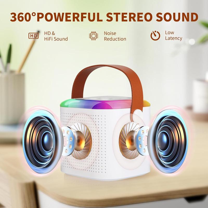 Portable Mini Karaoke Speaker with 2 Microphones, Rechargeable Wireless Outdoor Speaker with RGB Light, 3D Surround Sound Home Singing Karaoke Wireless Outdoor Audio Speaker for Smartphone, PC & More