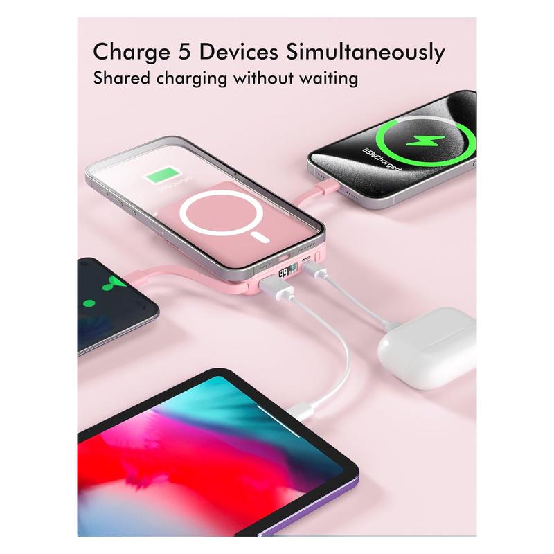 Podoru Multifunctional Power Bank, 10000 mAh Wireless Magnetic Charger Compact Battery Pack Built-in USB C Lightning Cable for iPhone 16 15 14 13 12 Series