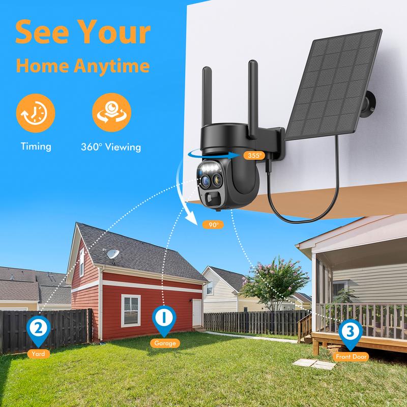 Solar Security Wireless Outdoor Camera,10X Zoom,2K Resolution 360° Pan Tilt Control,WiFi Battery Powered Camera with Spotlight Siren PIR Motion Detection