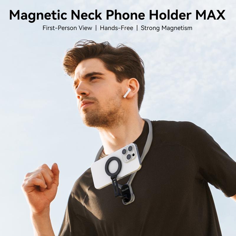 Max Magnetic Neck Mount for Phones, POV Vlog Neck Phone Holder w Fixing Chest Strap Selfie Mount Hand Free Phone Neck Holder Stand Video Recording for iPhone Android Phones (Gray)