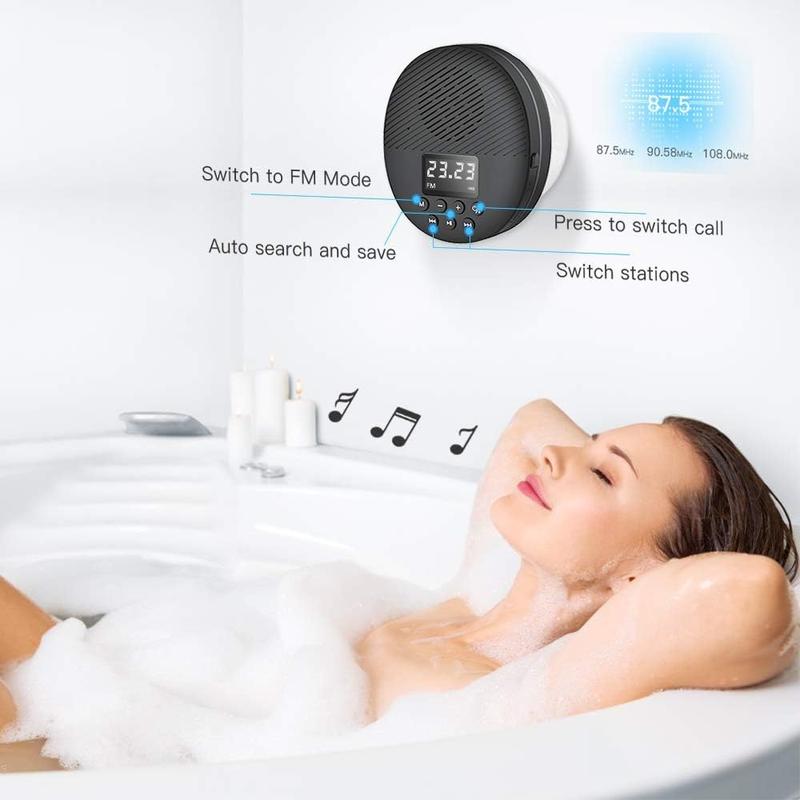 Waterproof Bluetooth Shower Radio Speaker - Wireless FM Radio with Suction Cup, 12H Playtime, LCD Display, Hands-Free Calling & SD Card Slot for Bathroom Use, Black rechargeable speaker Audio Smartphone Controled