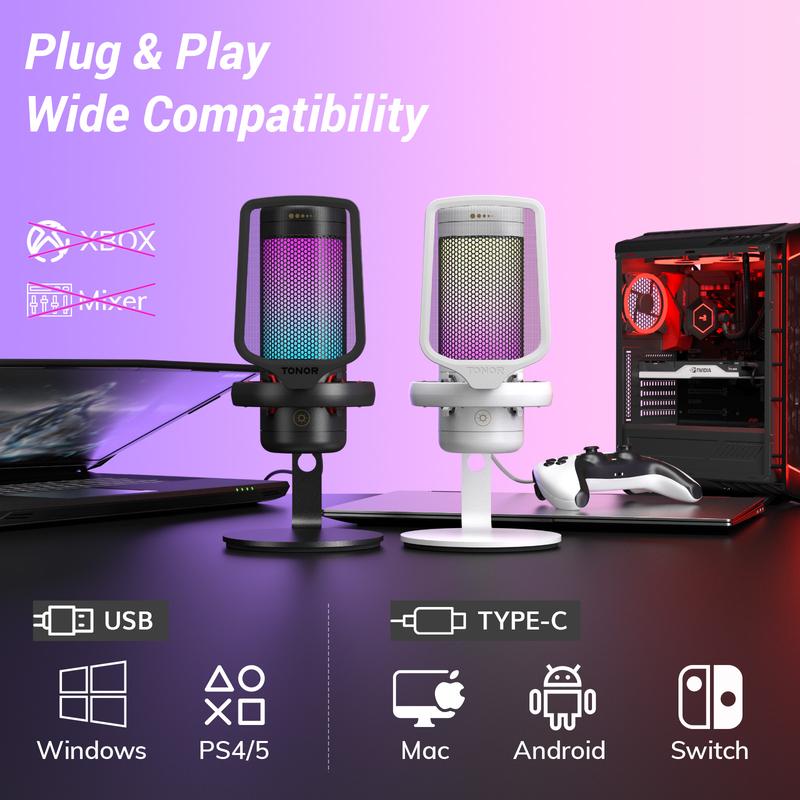 TONOR TC310 USB Streaming Gaming Mic for PC, PS4 PS5, with Vibrant RGB Lighting & Easy Sound Control Audio Noise Audio Noise Adapter Mount