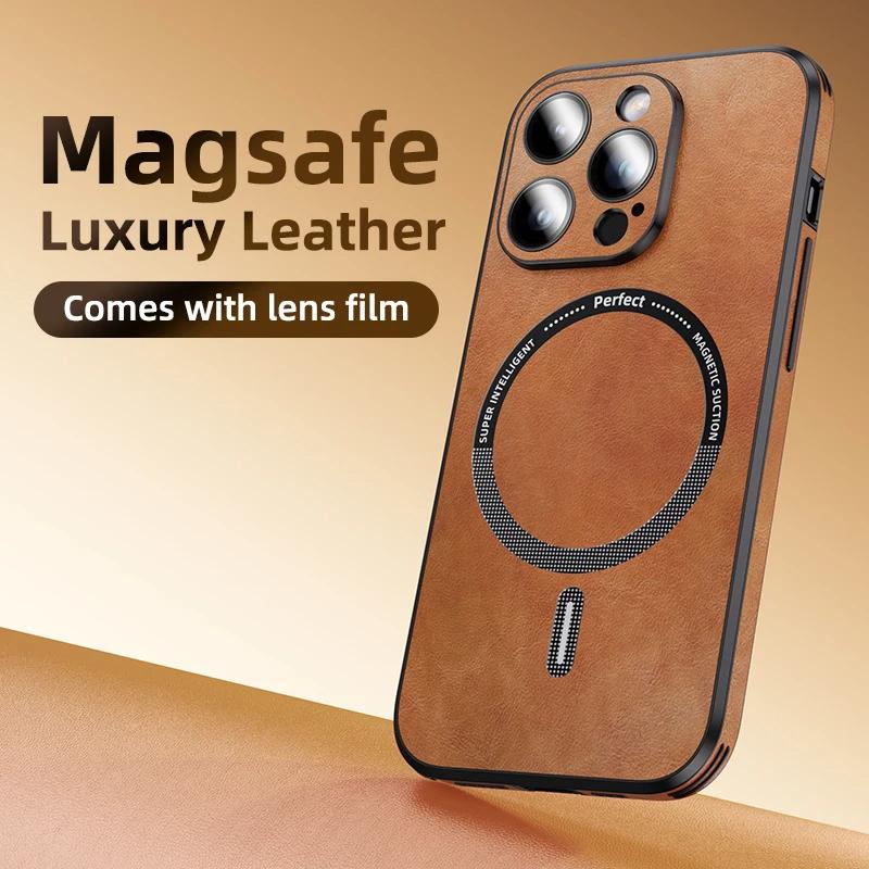 Shockproof Luxury Premium Leather Magnetic Case For iPhone 16 15 14 Plus 13 Pro max Compatible with MagSafe - [ Built in Camera Lens Protector ]