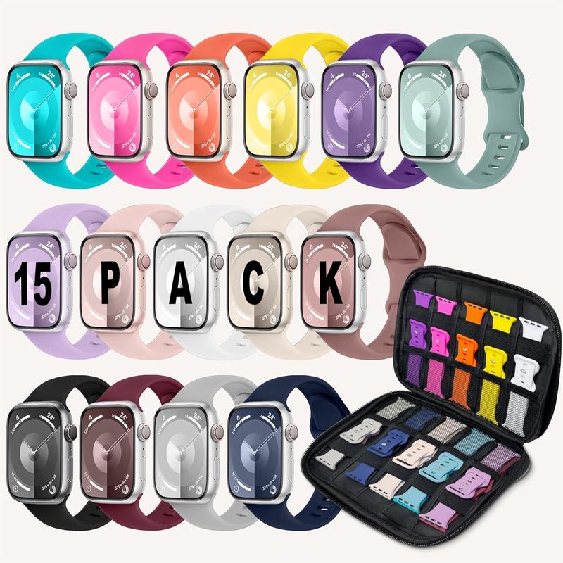 15 Pack Sport Bands with Storage Case Compatible for Apple Watch Band 38mm 40mm 41mm 42 mm 44mm 45mm 46mm 49mm Women Men, Silicone Strap Organizer for iWatch Bands Series 10 9 8 7 6 SE 5 4 3 2 1 Ultra replacement  band apple watch band watch  bands