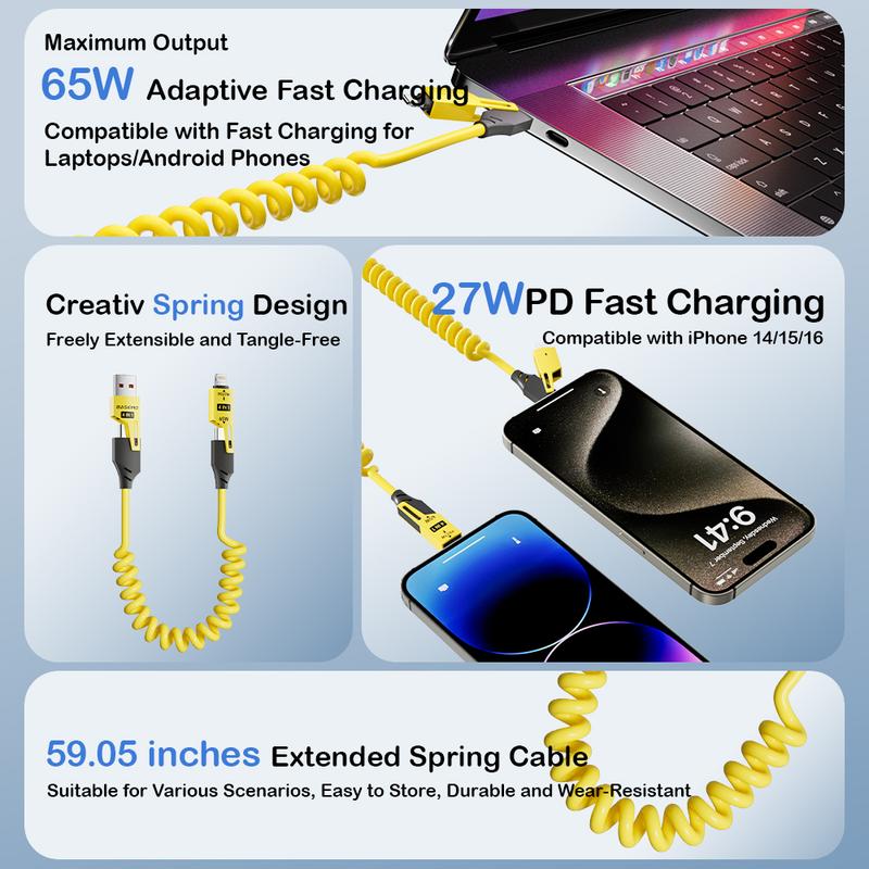 Charging 4 in 1 Coiled USB-C Cable - High-Speed Data Transfer & Charging with USB-A, USB-C, PD & Apple Compatibility for Smartphones Laptops & More Travel-Ready Design