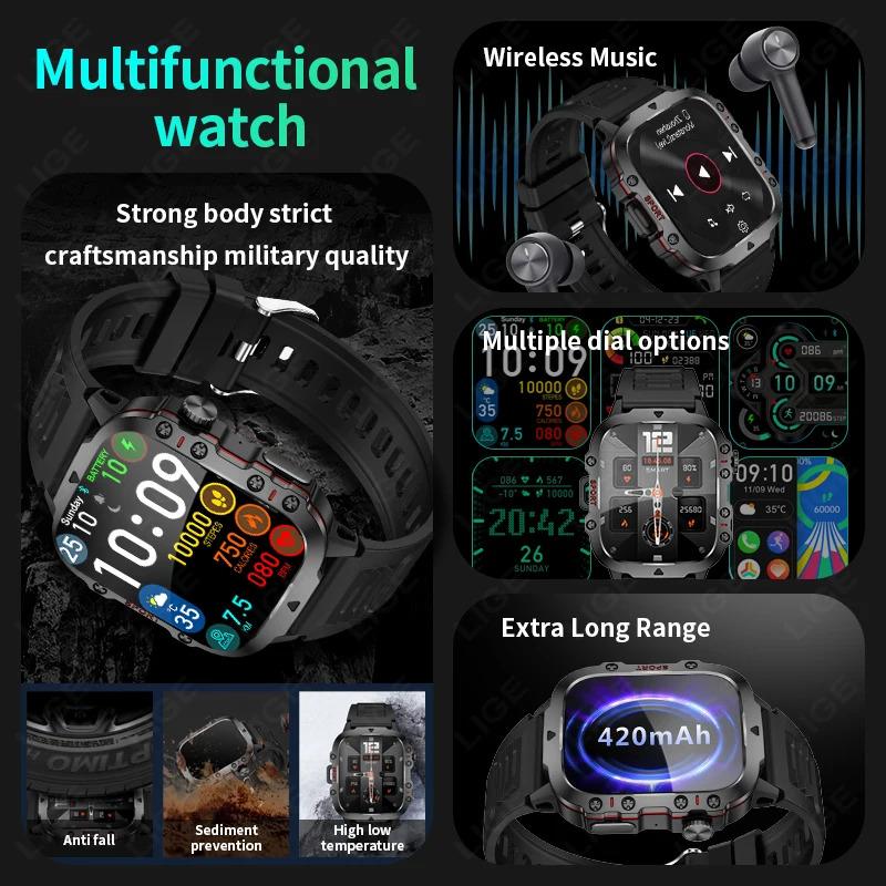 LIGE 2024 Outdoor Military Mens Smartwatch Bluetooth Call Sport Heart Rate Monitor IP68 Waterproof Smart Watches For Android IOS