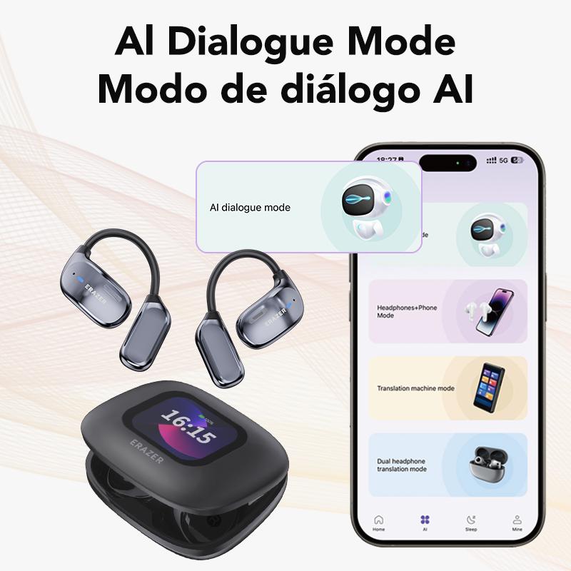 ERAZER XF23 AI Translation Open Headphones UVC Ultravilet Disinfection OWS Touch Screen Wireless Earbuds Support 135 Languages Bluetooth Translation HIFI Stereo Headset For Listening To Music & Calling,UV Cleaning Earphone