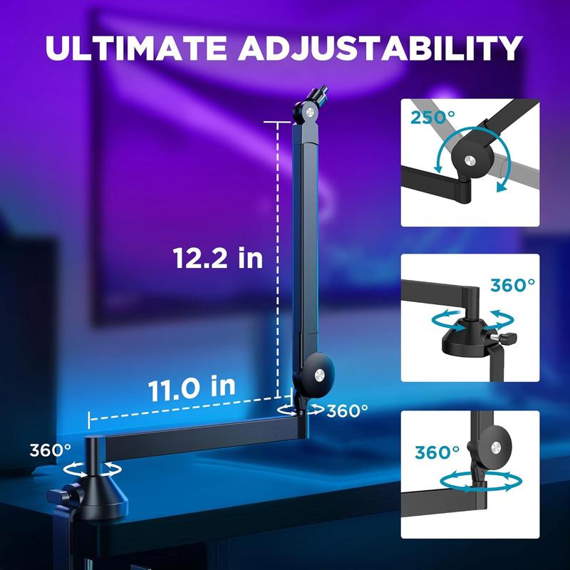 Low Profile Mic Arm, 360? Rotatable Microphone Boom Arm Mic Stand for Fifine AM8 K669B Blue Yeti  QuadCast SoloCast AT2020, with Mic Clip 3 8