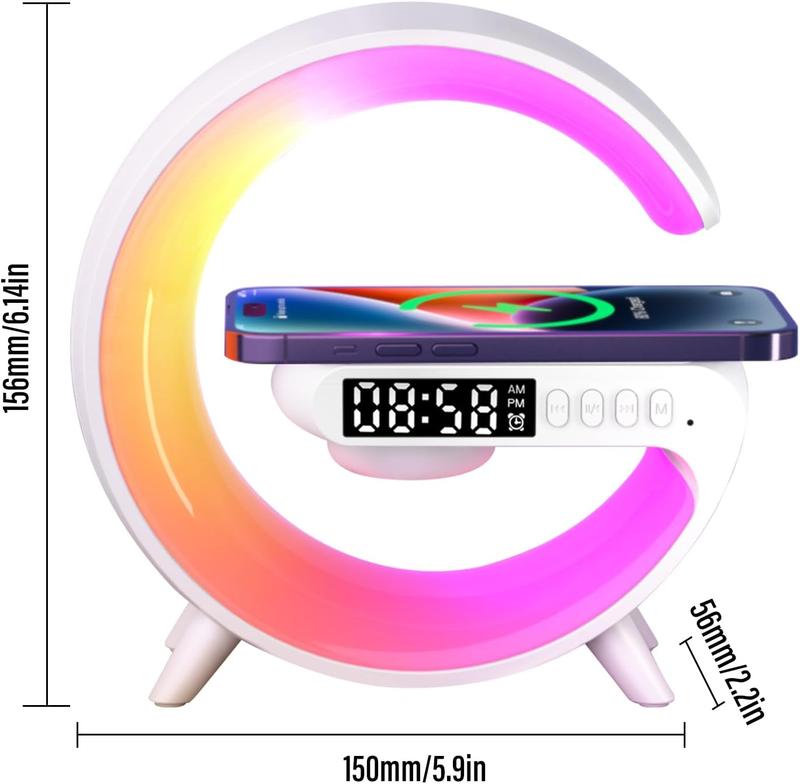 New Wireless Speaker Charger, Atmosphere Bedside Light with Wireless Charging Station,Music Lit Lamp 4 in 1 Alarm Clock Gifts Idea for Family (White) Night Light Lamp Multifunctional Wireless Audio Speaker Christmas gifts