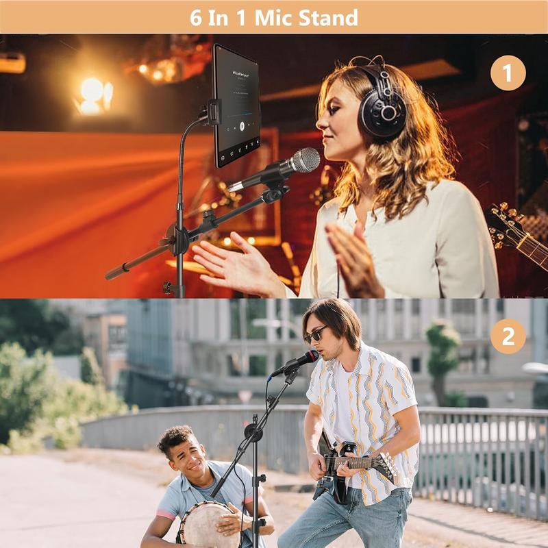 Mic Stand,6 In 1 Microphone Stand Floor Boom Mic Stand, Support Boom Gooseneck Mic Clips Tablet Phone Holder Any Combination With Mic Stand Bag