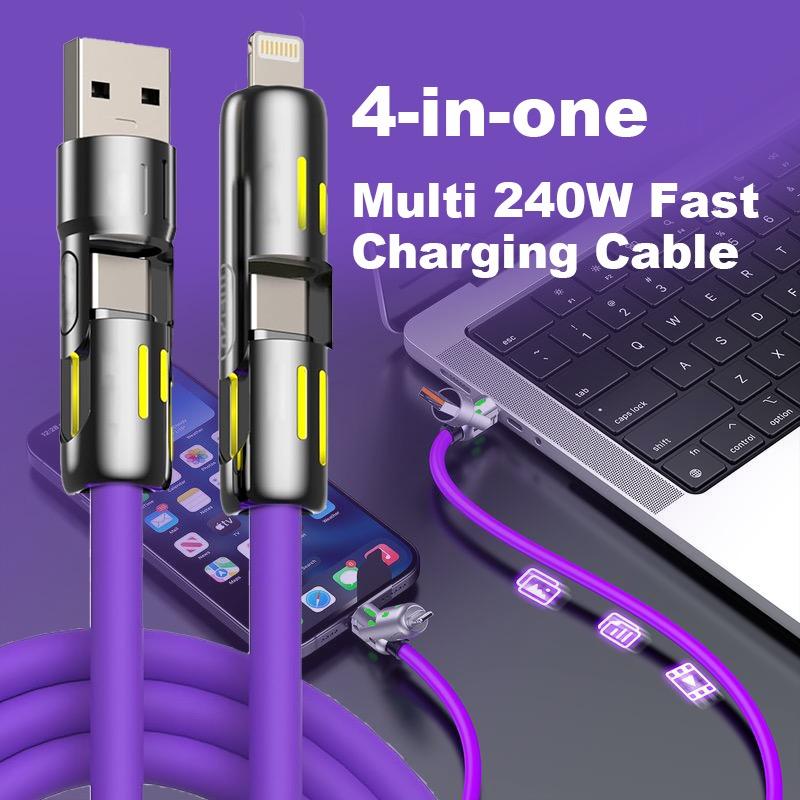 4-in-1 USB Charging Cable, fast charging cable USB A+ TYPE C + Lightning Multi national aluminum alloy cable management suitable for iPhone 16 15 14 Samsung Galaxy, Android Phones & Tablets iPad Pro Smartphone Cellphone Mobile Electronic, USB Cables