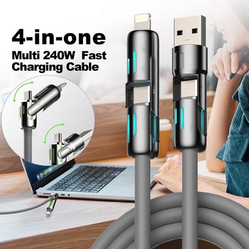 4-in-1 USB Charging Cable, fast charging cable USB A+ TYPE C + Lightning Multi national aluminum alloy cable management suitable for iPhone 16 15 14 Samsung Galaxy, Android Phones & Tablets iPad Pro Smartphone Cellphone Mobile Electronic, USB Cables